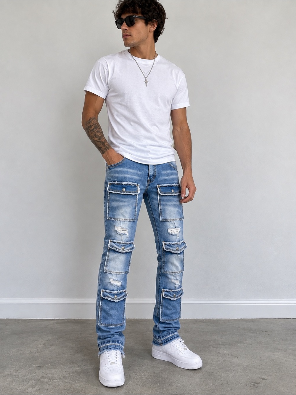 Switch Remarkable Mens 38 Stacked Cargo Jeans Distressed Blue Denim Hip Hop Y2K